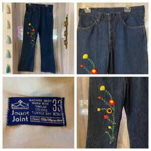 vtg 70s Sears JEANS JOINT Indigo High Waist Jeans Floral Embroidery Hippie 33x31